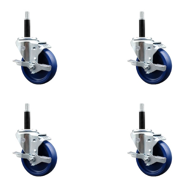 4'' Solid Poly Swivel 3/4'' Expanding Stem Caster Set with Brake, 4PK
